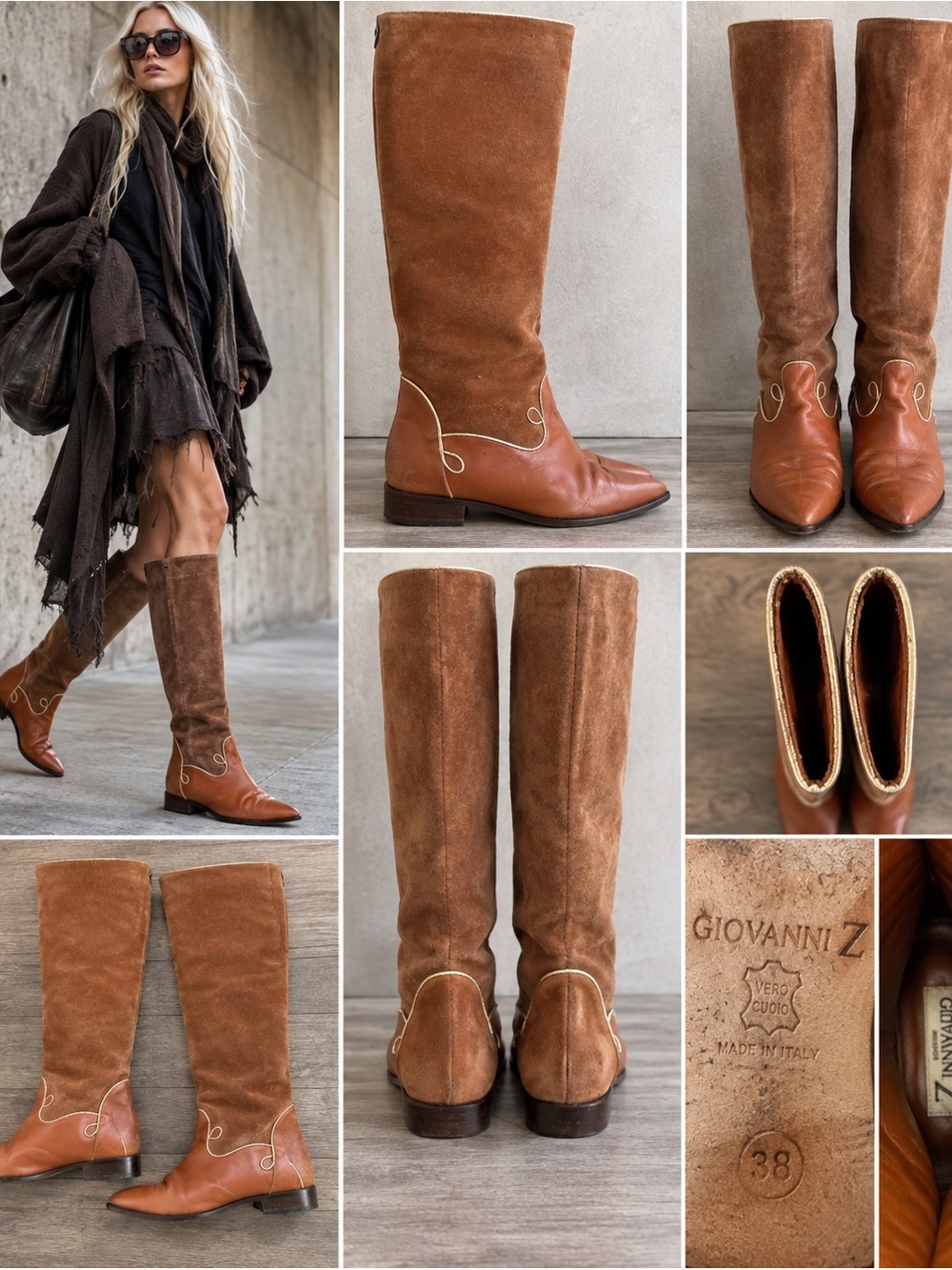 Giovanni Z Vintage Italian Leather Suede Knee High Boots 38 Pointed Toe